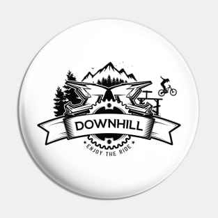 Downhill mountain bike badge with full face helmet and mountains. Enjoy The Ride. Pin