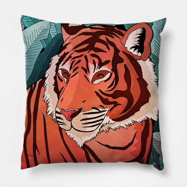 Tiger in the jungle Pillow by Swadeillustrations