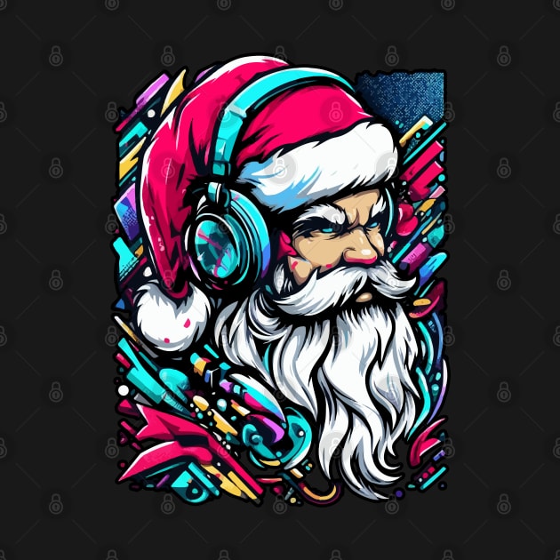 Santa Claus with headphones on his ears listening to music by T-Shirt Paradise