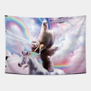 Laser Eyes Space Llama On Sloth Unicorn - Rainbow Tapestry