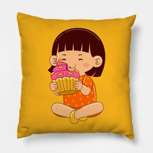 girl kids eating cup cake Pillow