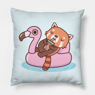 Cute Red Panda With Flamingo Pool Float Summer Pillow