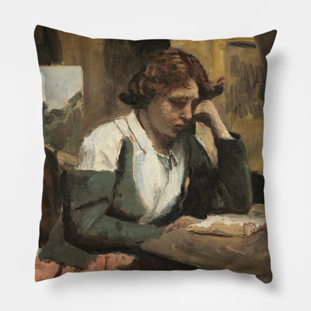 Young Girl Reading by Jean-Baptiste-Camille Corot Pillow by Classic Art Stall