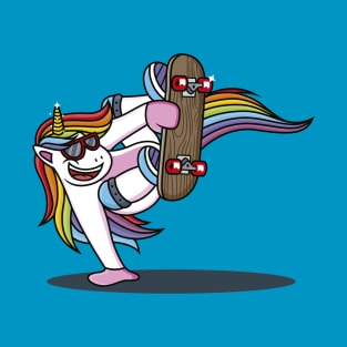 Rainbow Unicorn with red sunglasses doing skateboarding T-Shirt