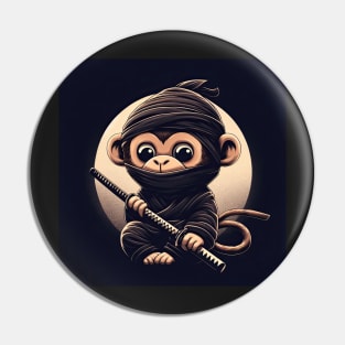 cute little ninja monkey with a katana sword on black background Pin