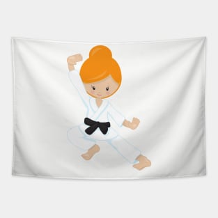 Karate Girl, Cute Girl, Black Belt, Orange Hair Tapestry