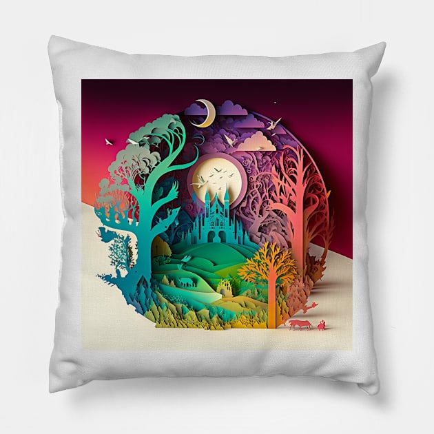 3D Effect Papercut Art - Fairytale Scene Pillow by TheArtfulAI