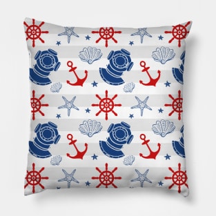 Nautical Wheel Anchor Pattern Red Blue Grey Pillow