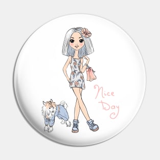 Girl in dress with dog Pin