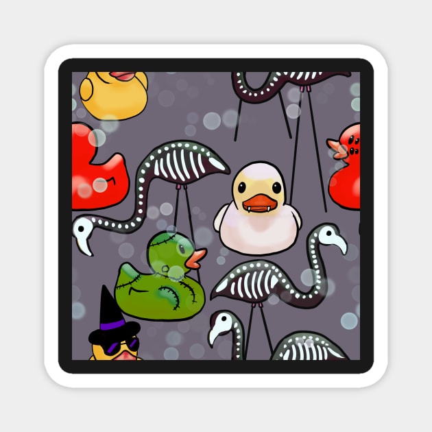 Spooky Halloween Rubber Ducks and Pink Flamingo Skeletons Gray Magnet by JamieWetzel