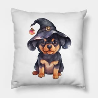 Watercolor Rottweiler Dog in Witch Hat Pillow