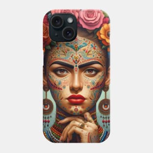 Latina woman folk art, frida kahlo looklike, flowers and tattoo Phone Case