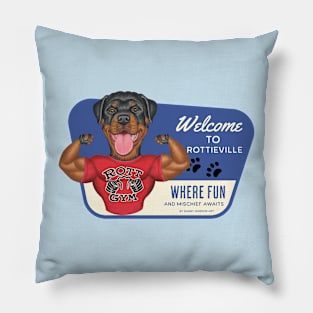 Cute Rottweiler dog in Rottieville to have fun and mischief Pillow