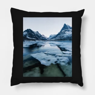 Ice Floating on Innerdalen Lake With Mountain Range on Freezing Winter Day Pillow