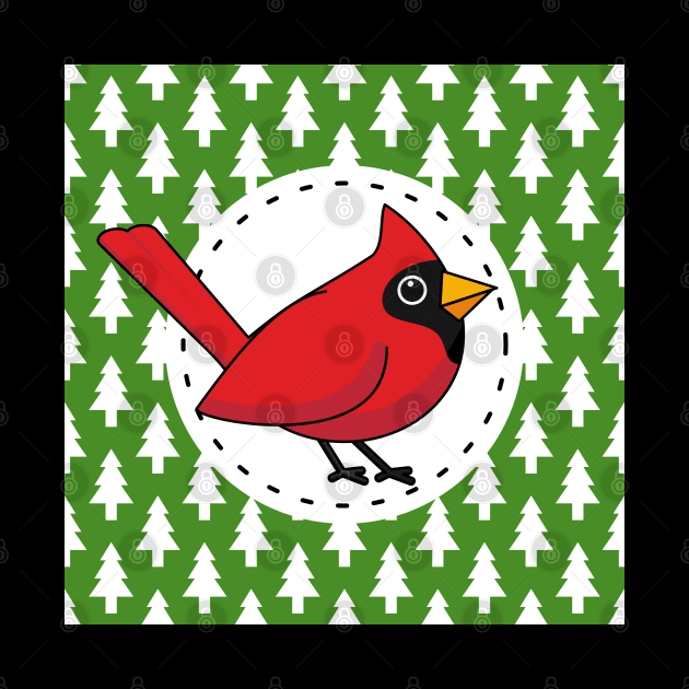 Cartoon Red Cardinal on Green White Pines Pattern by BirdAtWork