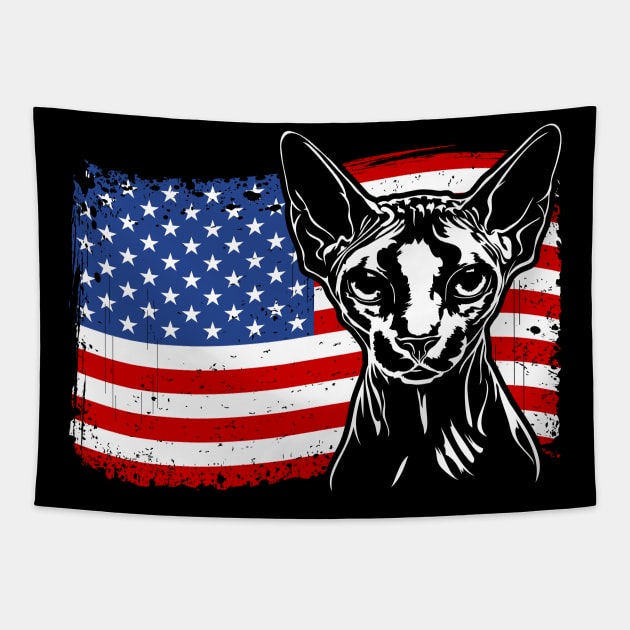 Proud Sphynx American Flag patriotic cat Tapestry by wilsigns