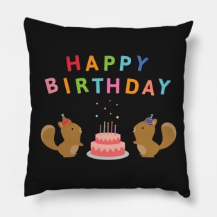 Happy Birthday Cake Celebrating with Cute Squirrels Pillow