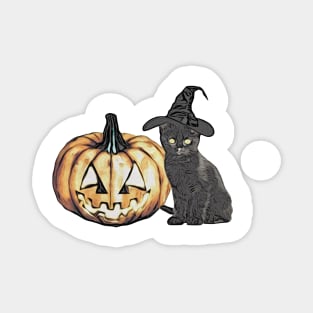 Halloween Black Cat In Witches Hat with Pumkin Artwork Magnet