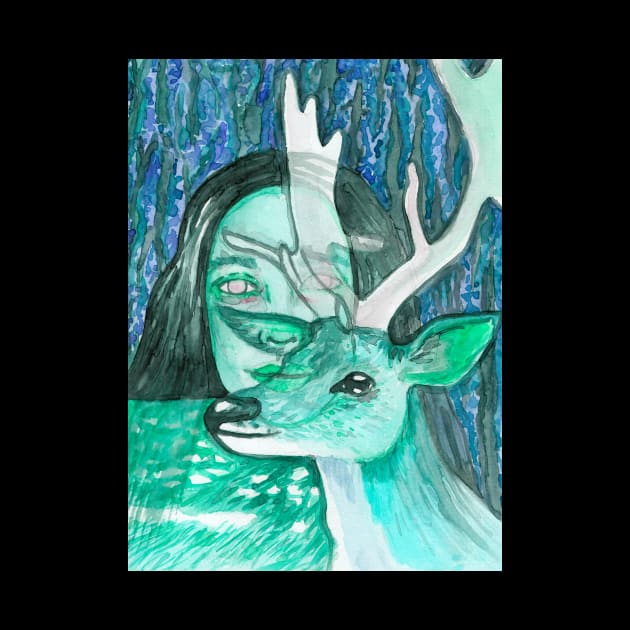 Psychedelic wild deer and girl by deadblackpony