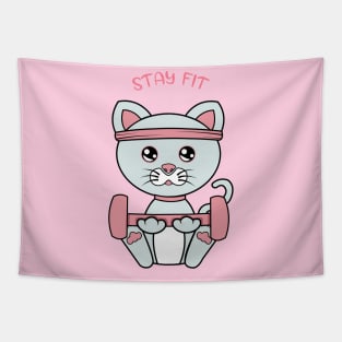 Stay fit, Cute cat lifting weights. Tapestry