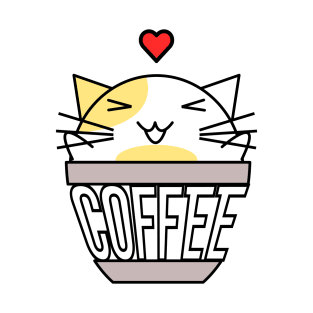 Happy cat in coffee cup with warped text heart on head yellow T-Shirt