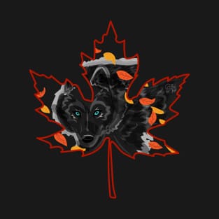 Black Wolf in Maple Leaf "October Wolf" T-Shirt