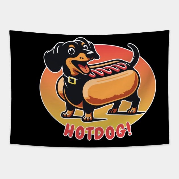 Wiener Dog Hotdog | Long Dachshund Black & Tan Dog in Bun Suit | Sausage Dog Tapestry by BraaiNinja