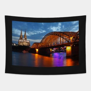 Cologne Cathedral, Dom, Hohenzollern Bridge, dusk, Cologne, Germany Tapestry