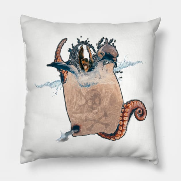 Plastic Fantastic, climate change awareness Pillow by CreakyDoorArt