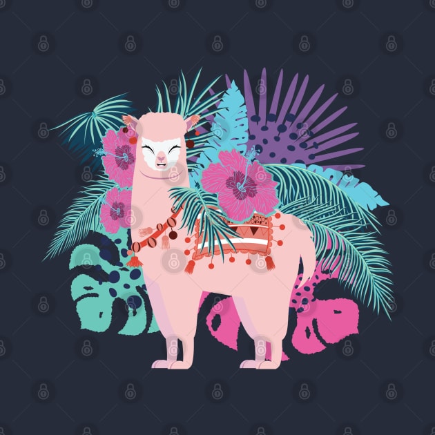 Pink Alpaca with exotic leaves and flowers by AnnArtshock