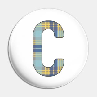 Monogram Letter C, Blue, Yellow and Grey Scottish Tartan Style Typography Design Pin