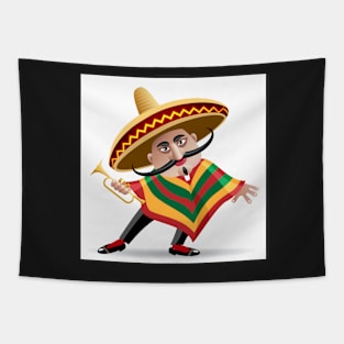 mexican musician in sombrero with trumpet drawn in cartoon style Tapestry