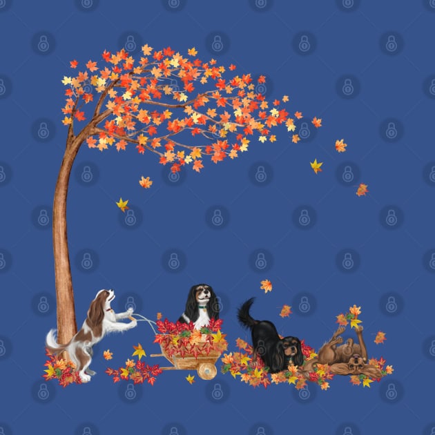 Four Cavalier King Charles Spaniels Playing in Fall Leaves by Cavalier Gifts