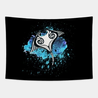 Manta Ray Tribal Blue Ink Splash Tapestry