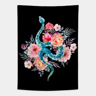 Blue Watercolor Snake In The Flower Garden Tapestry