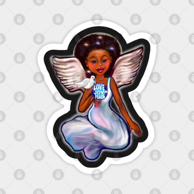 Angel with dove love joy and peace ii - Black angel of peace ! With glow, Afro hair, green eyes, Cherry pink lips and dark brown skin. Hair love ! Magnet by Artonmytee
