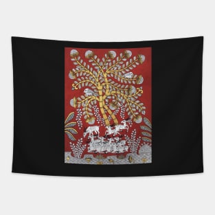 Tree of life ( Red and Gold) indian folk art print in phad style Tapestry