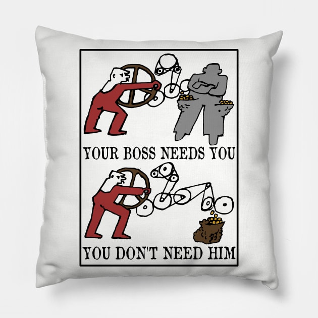 Your Boss Needs You, You Don't Need Him - Labor Union, Socialist, Leftist, Protest, Propaganda Pillow by SpaceDogLaika