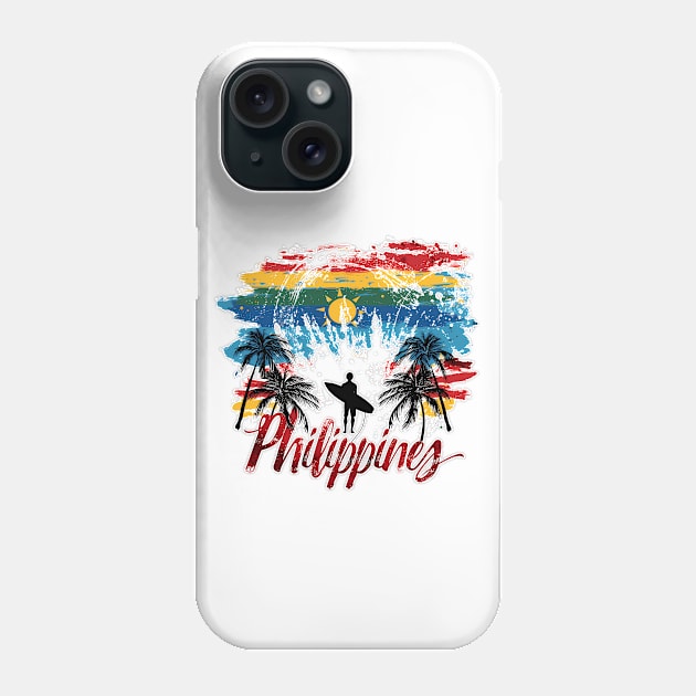 Philippines Vibes - Colourful palm trees and surfer Phone Case by MLArtifex