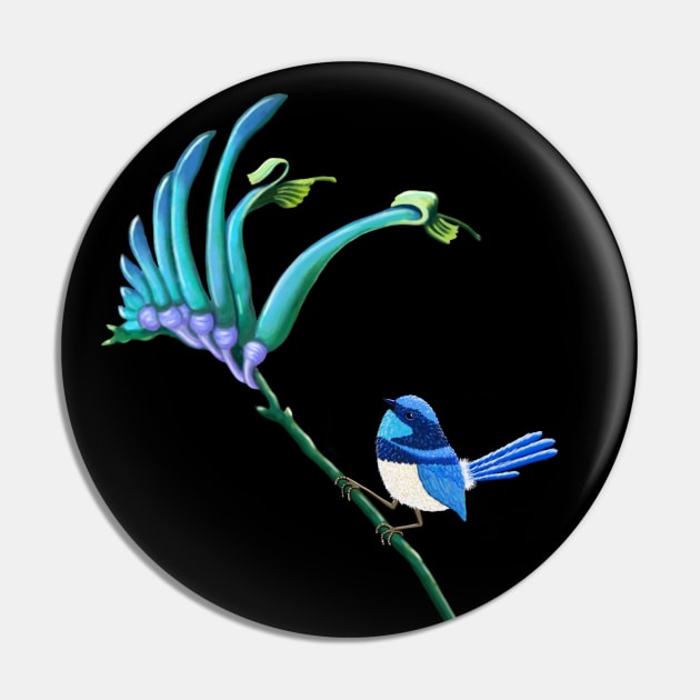 Blue Kangaroo Paw and little blue Wren Pin by SoozieWray