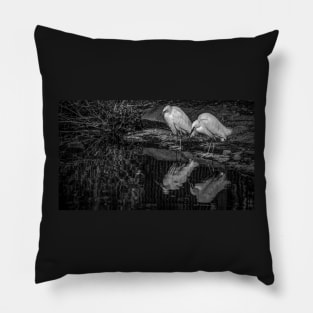 Little Egrets Reflecting In The Pond Pillow