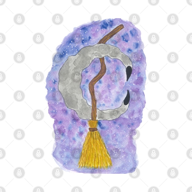 Silver Moon and Witch Broomstick Against the Starry Night Sky Hand Drawn Watercolor and Ink Artwork by EndlessDoodles