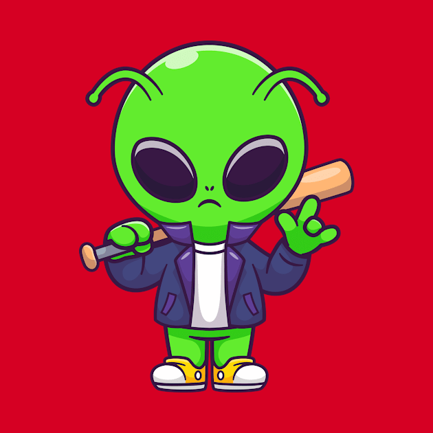 Cute Cool Alien With Baseball Bat Cartoon by Catalyst Labs