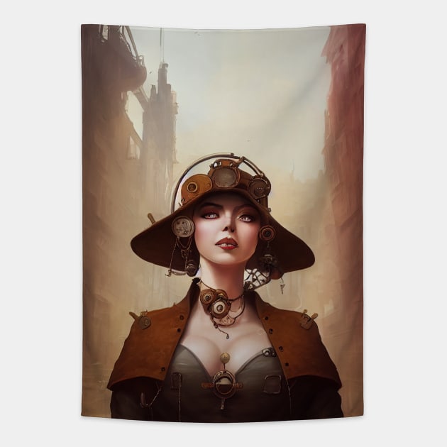 Steampunk Woman Walking in the City Tapestry by The Multiverse is Female