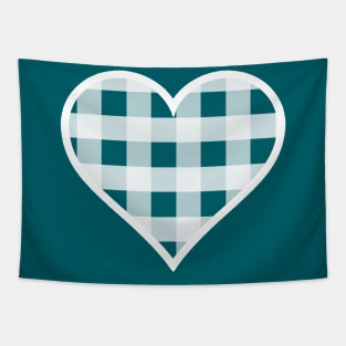 Peacock Blue and White Buffalo Plaid Heart Tapestry