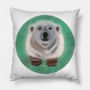 Polar Bear on green circular pattern Pillow