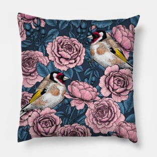 Pink Rose flowers and goldfinch birds Pillow