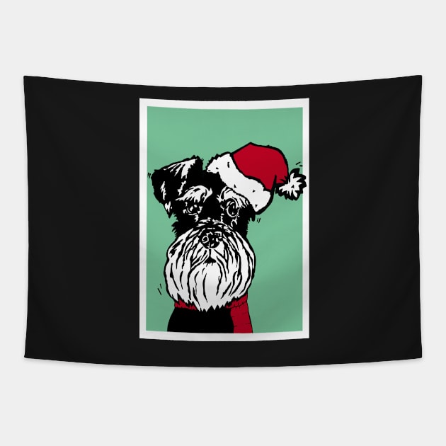 Miniature Schnauzer in Christmas Santa Hat and Red Woolly Scarf Linoprint Tapestry by NattyDesigns