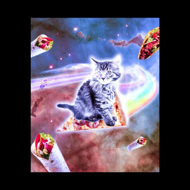 Laser Eyes Space Cat Riding Rainbow Pizza by Random Galaxy