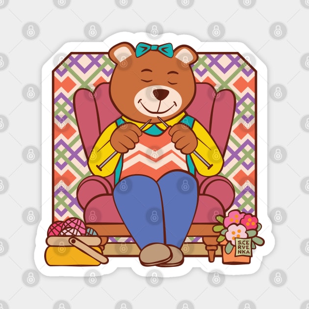 Bear Knitting in Chair Magnet by Sue Cervenka